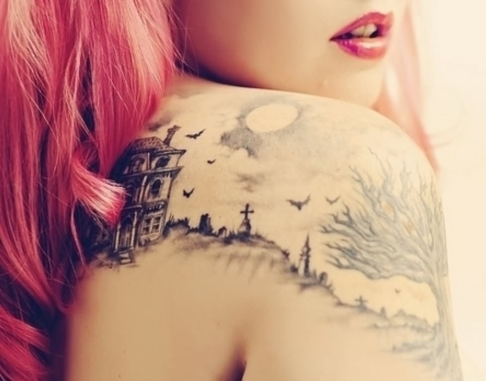 Scenery Tattoo On Girl Right Back Shoulder