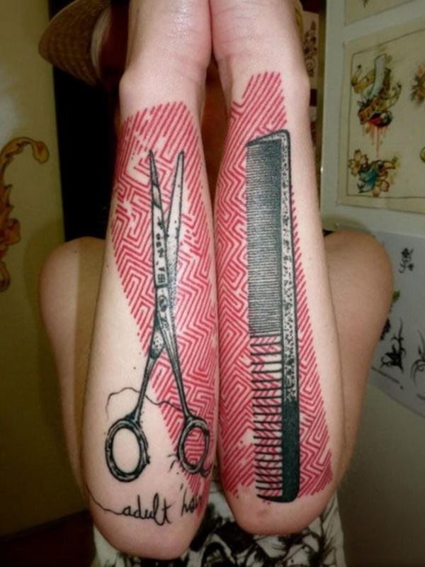 Scissor And Comb Geek Tattoos On Both Arm