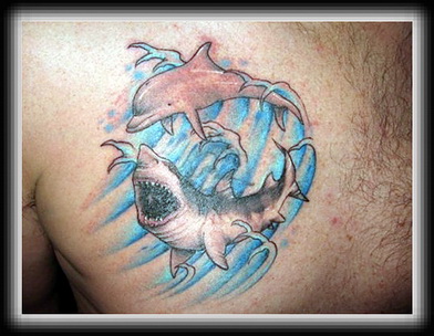Shark And Dolphin Tattoo On Man Chest