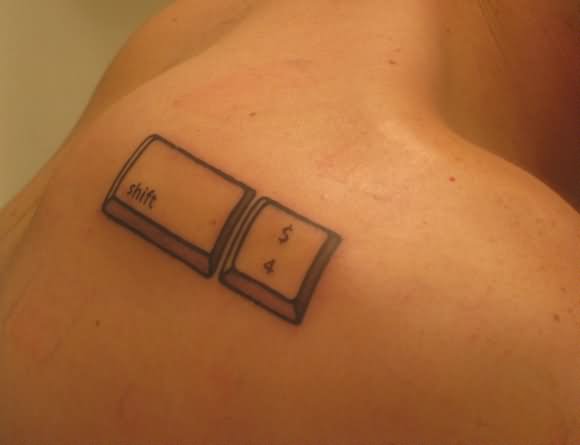 Shift And Numeric Button Computer Geek Tattoo On Back Shoulder