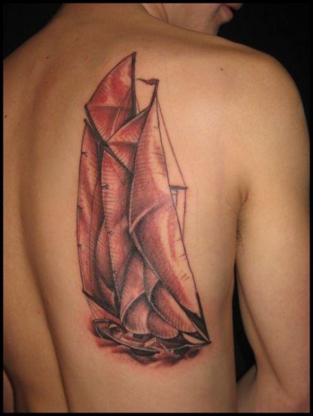 Ship Scenery Tattoo On Man Right Back Shoulder
