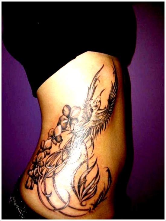 Side Rib Flying Phoenix And Orchid Tattoo