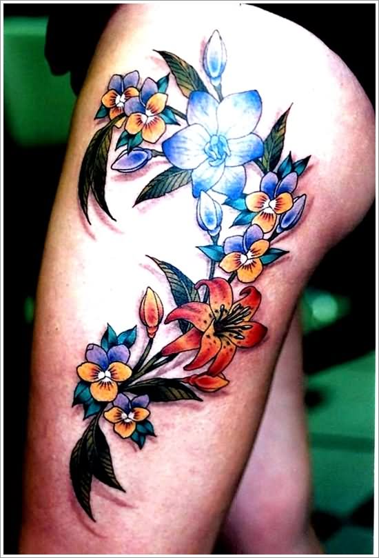 Side Thigh Colored Orchid Tattoo