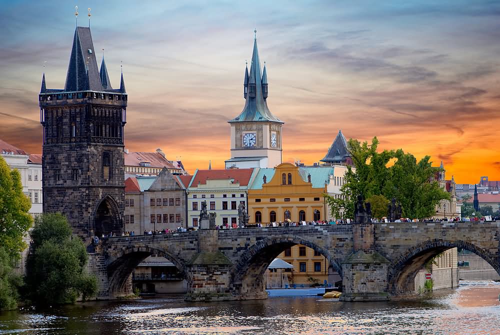 Side View Of The Charles Bridge During Sunset