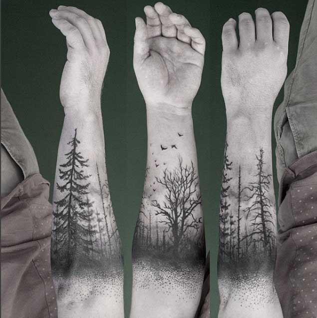 Simple Black And Grey Forest Scenery Tattoo On Forearm