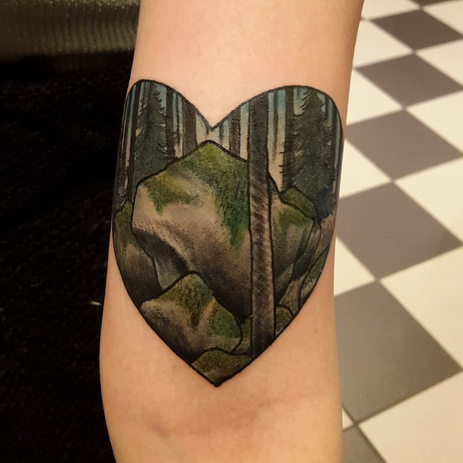 Simple Scenery In Heart Frame Tattoo Design For Half Sleeve