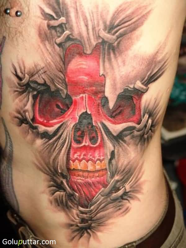 Skull In Torn Ripped Skin Cross Tattoo Design For Side Rib