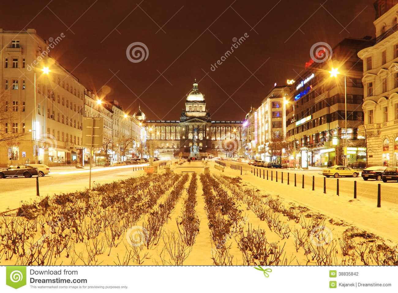 Snowy Wenceslas Square In The Night