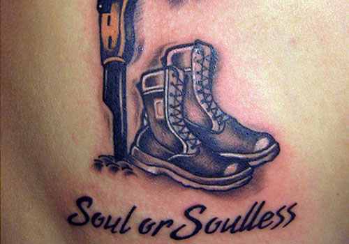 Soul Or Soulless - Military Gun With Shoes Tattoo Design