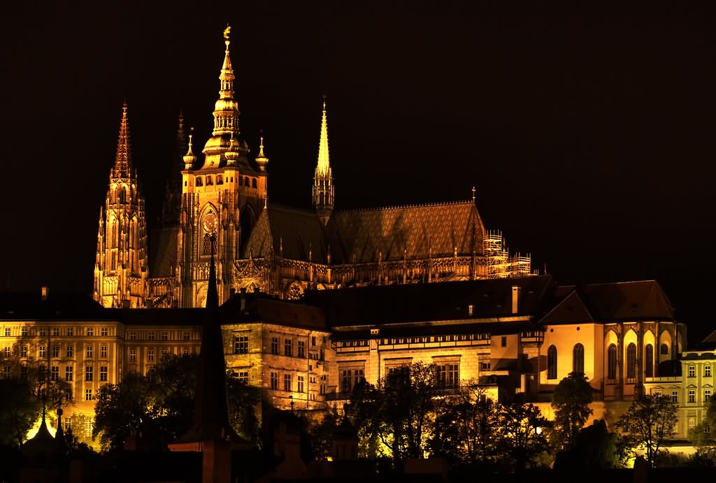 St Vitus Cathedral In Prague Castle At Night