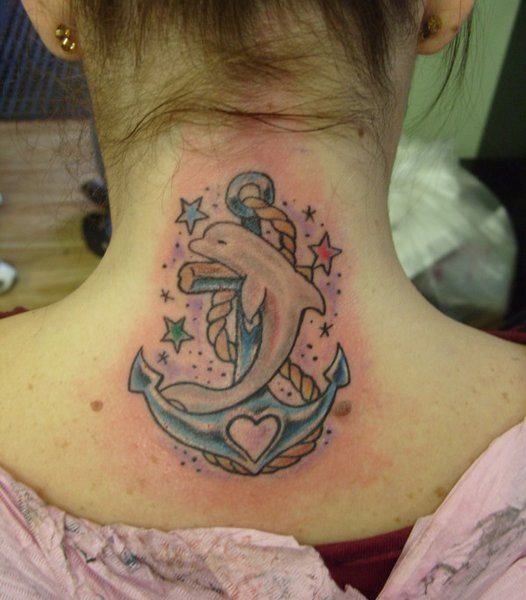 Stars And Anchor Dolphin Tattoo On Nape