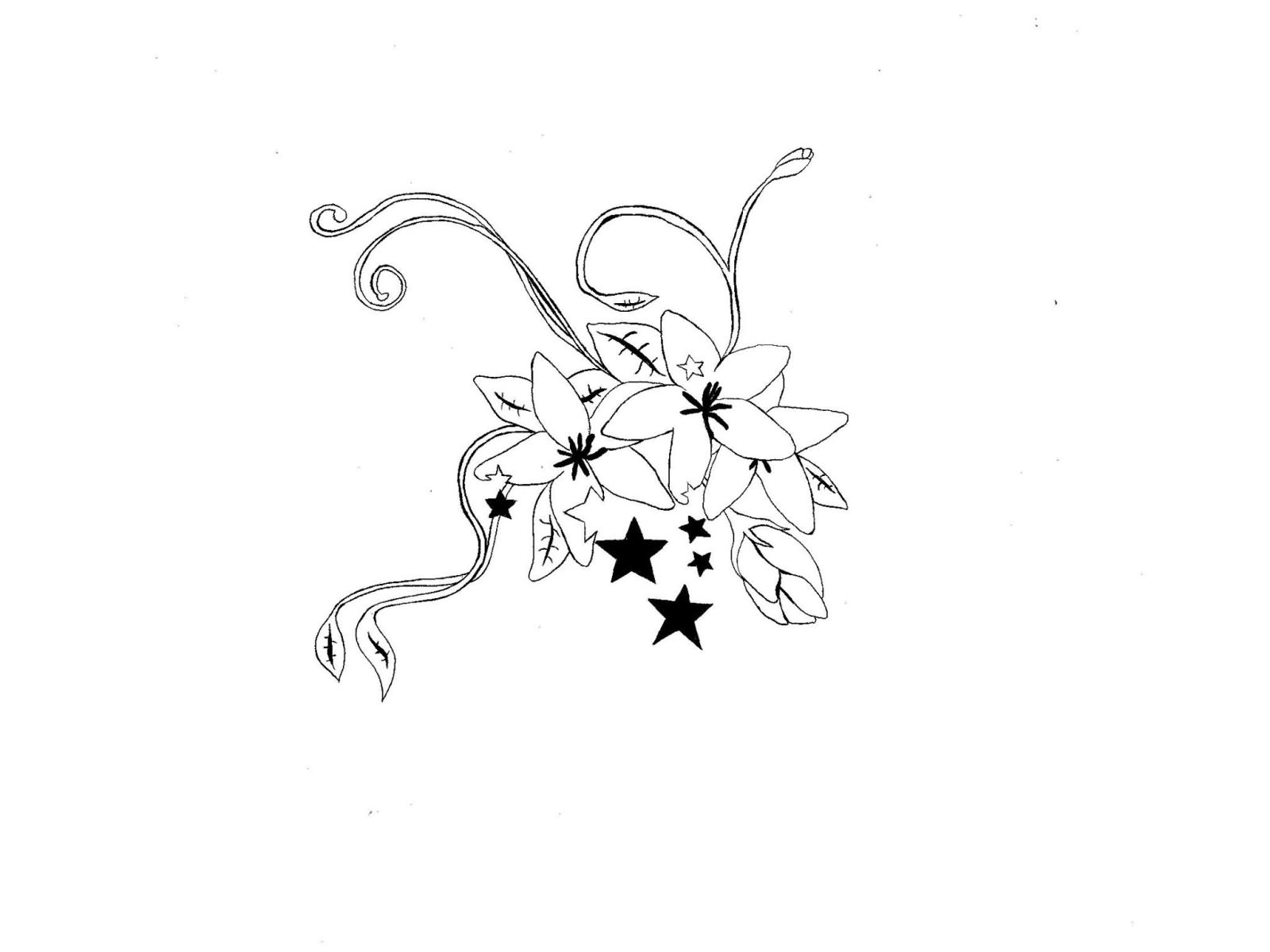 Stars And Black And White Orchid Tattoo Design