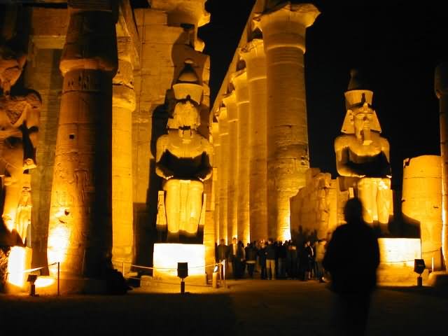 Statues Of Ramses II At The Entrance Of Luxor Temple Night View