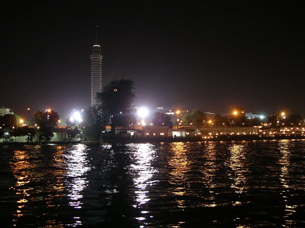 The Cairo Tower And  Nile River At Night