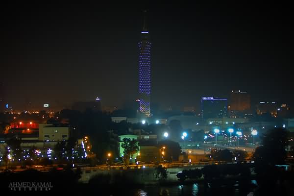 The Cairo Tower Lit Up At Night