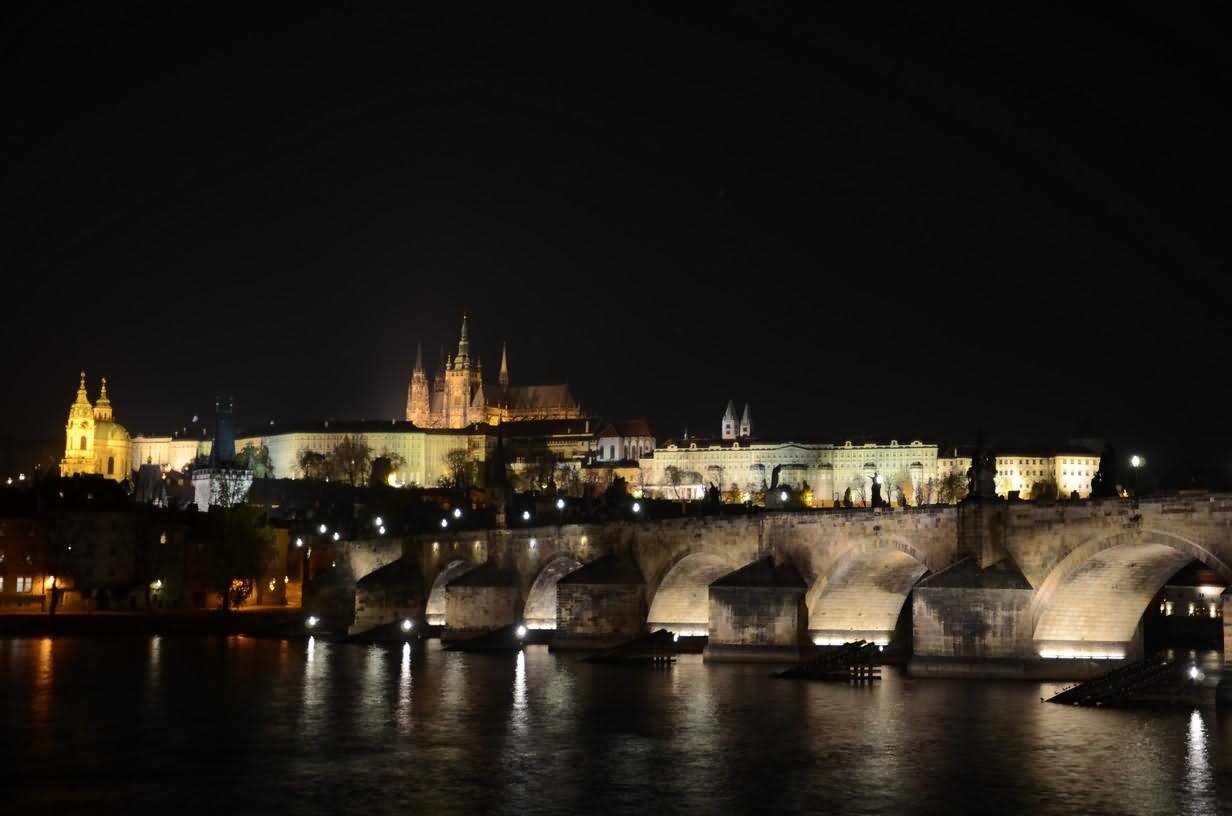 The Charles Bridge And Prague Castle View At Night