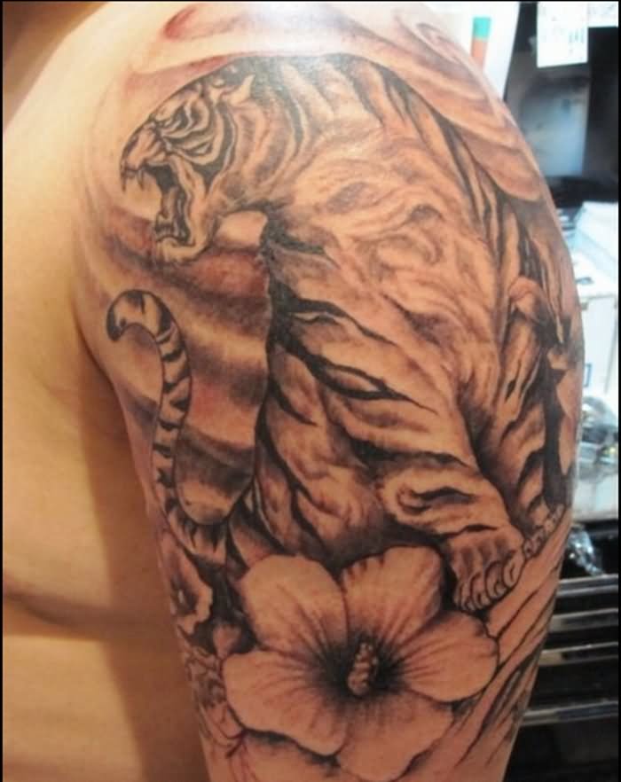 Tiger And Orchid Tattoo On Man Left Half Sleeve