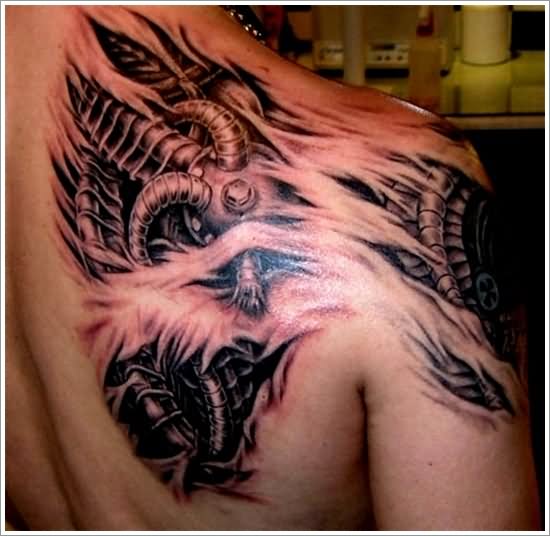 Torn Ripped Skin Biomechanical Tattoo On Man Right Back Shoulder