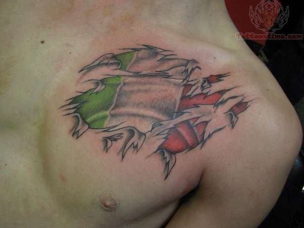 Torn Ripped Skin Italy Flag Tattoo On Man Chest