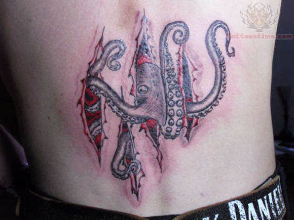 Torn Ripped Skin Octopus Tattoo Design For Lower Back