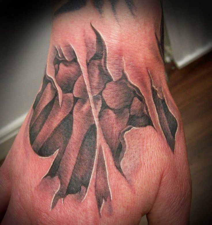 Torn Ripped Skin Skeleton Hand Tattoo On Hand