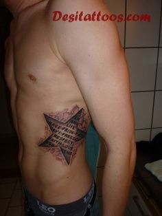 Torn Ripped Skin Star Tattoo On Man Side Rib