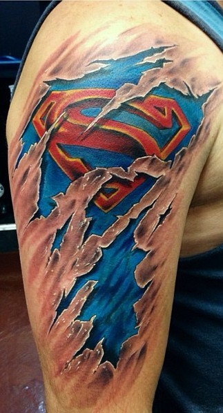 Torn Ripped Skin Superman Logo Tattoo On Right Half Sleeve