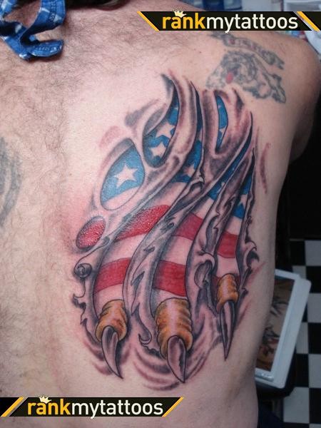 Torn Ripped Skin USA Flag Tattoo On Back