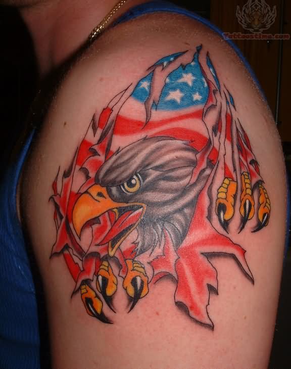 Torn Ripped Skin USA Flag With Eagle Tattoo On Left Shoulder