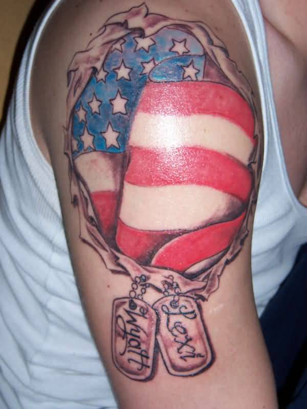 Torn Ripped Skin USA Flag With Tags Tattoo On Right Shoulder
