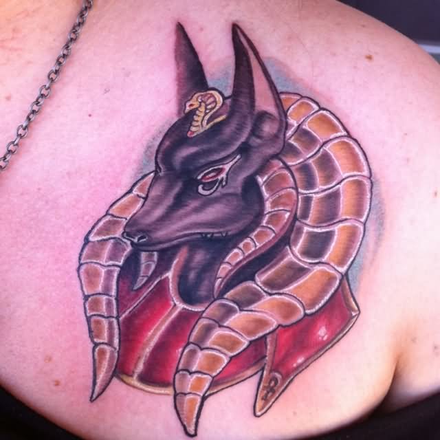 Traditional Anubis Tattoo On Front Shoulder For Women