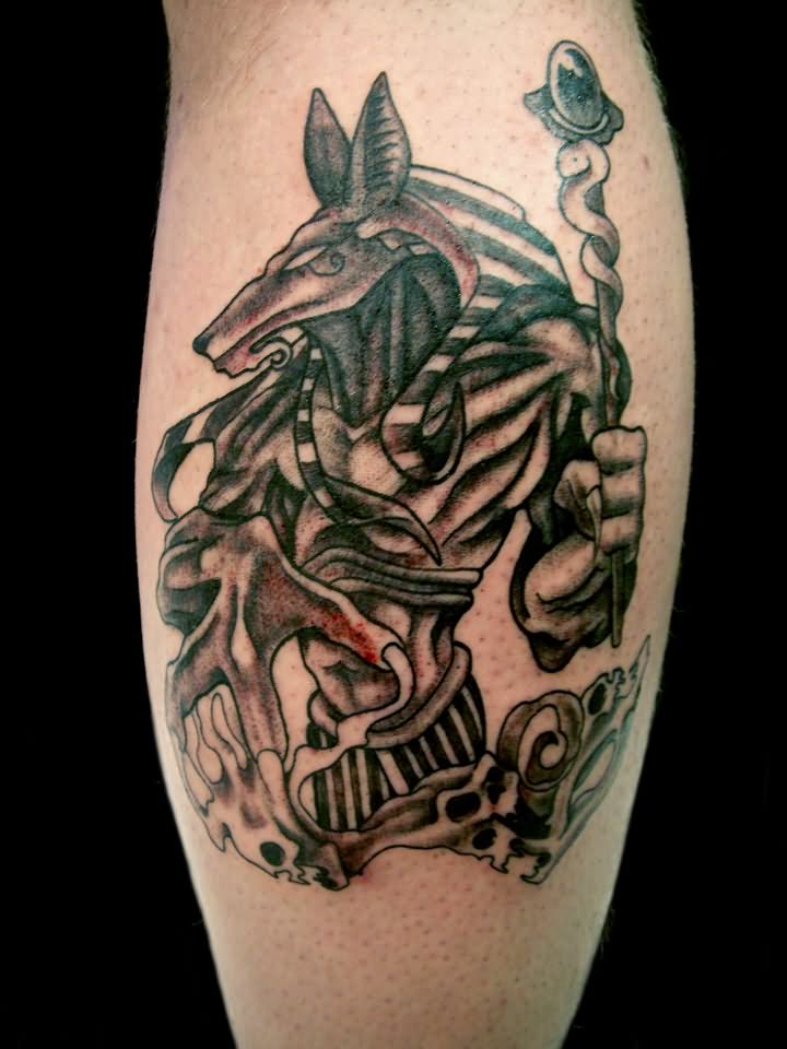 Traditional Anubis Tattoo On Leg Calf by Kayden