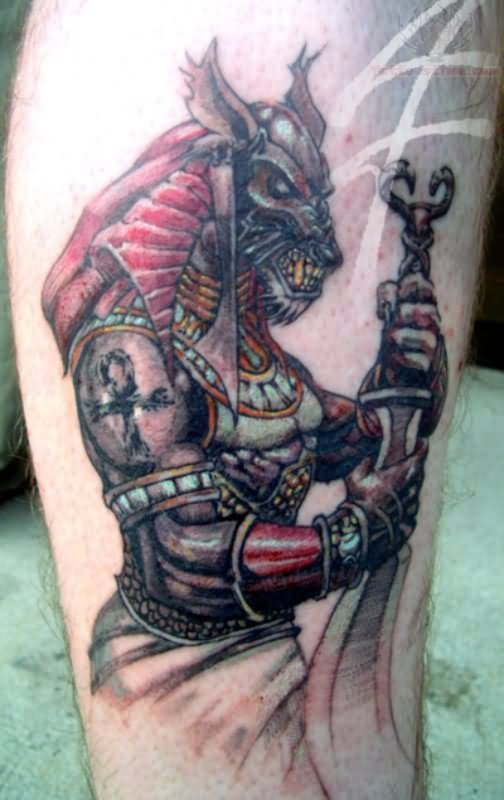 Traditional Anubis Tattoo On Leg For Men