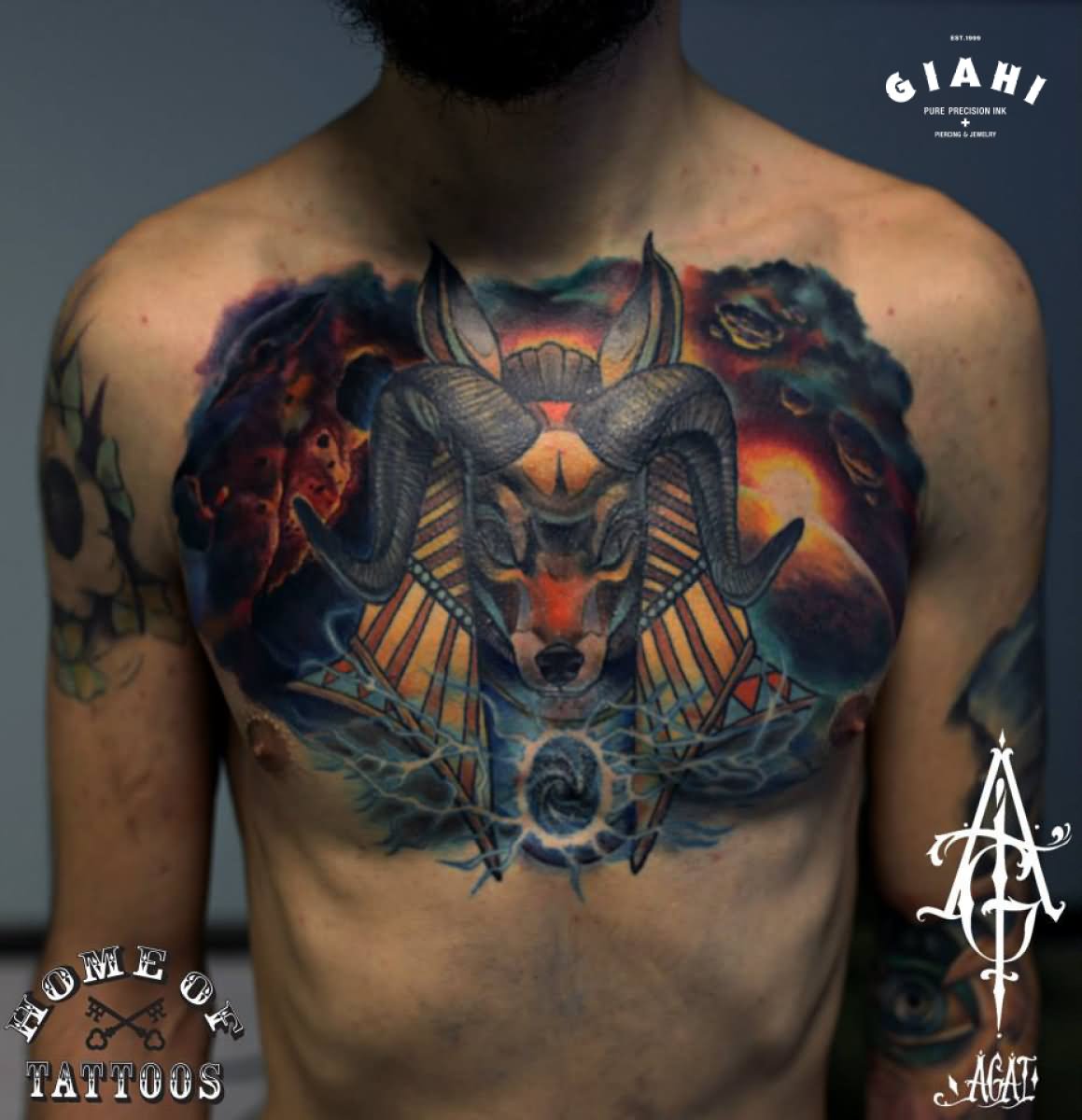 Traditional Anubis Tattoo On Man Chest