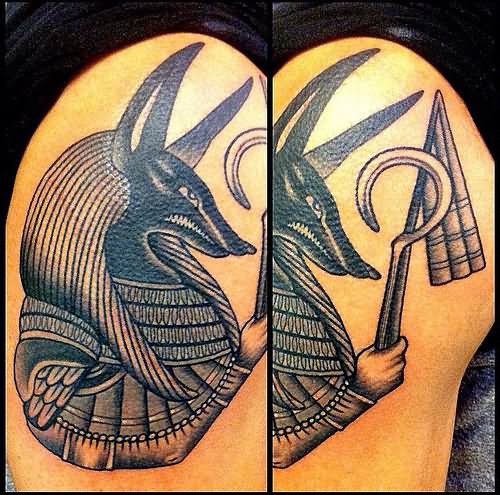 Traditional Anubis Tattoo On Man Right Shoulder