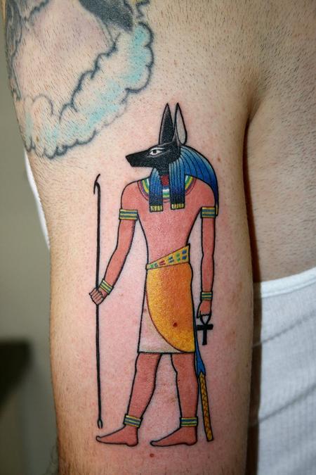 Traditional Colored Anubis Tattoo On Bicep