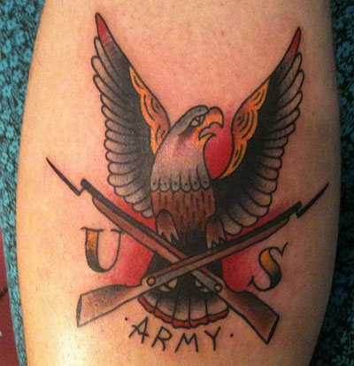 Traditional Military Eagle With Two Crossing Guns Tattoo Design