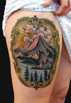 Traditional Mountain In Frame Scenery Tattoo On Thigh