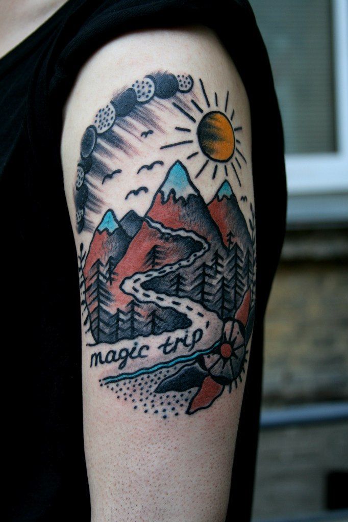 Traditional Mountain Scenery Tattoo On Left Shoulder