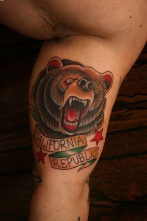 Traditional Roaring Bear Scenery With Banner Tattoo Design