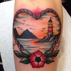 Traditional Scenery In Frame Tattoo Design For Forearm