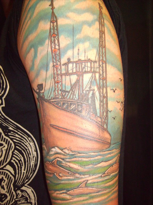 Traditional Ship Scenery Tattoo Design For Half Sleeve