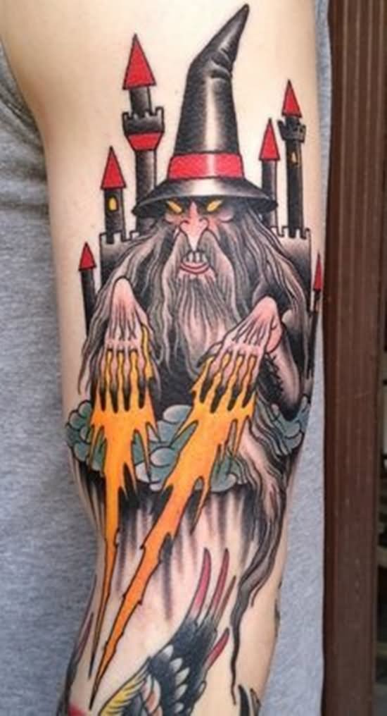 Traditional Wizard Tattoo On Half Sleeve