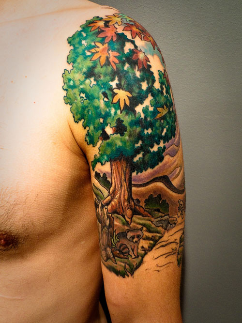Tree Scenery Tattoo On Man Left Shoulder