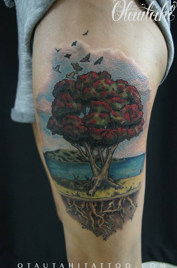 Tree Scenery Tattoo On Side Thigh