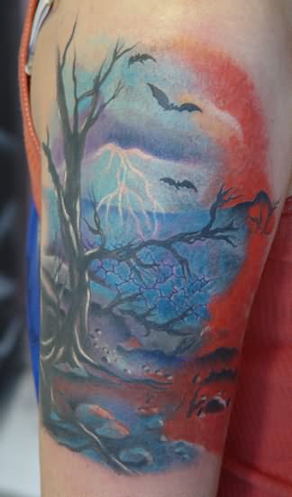 Tree Without Leaves Scenery Tattoo Design For Half Sleeve