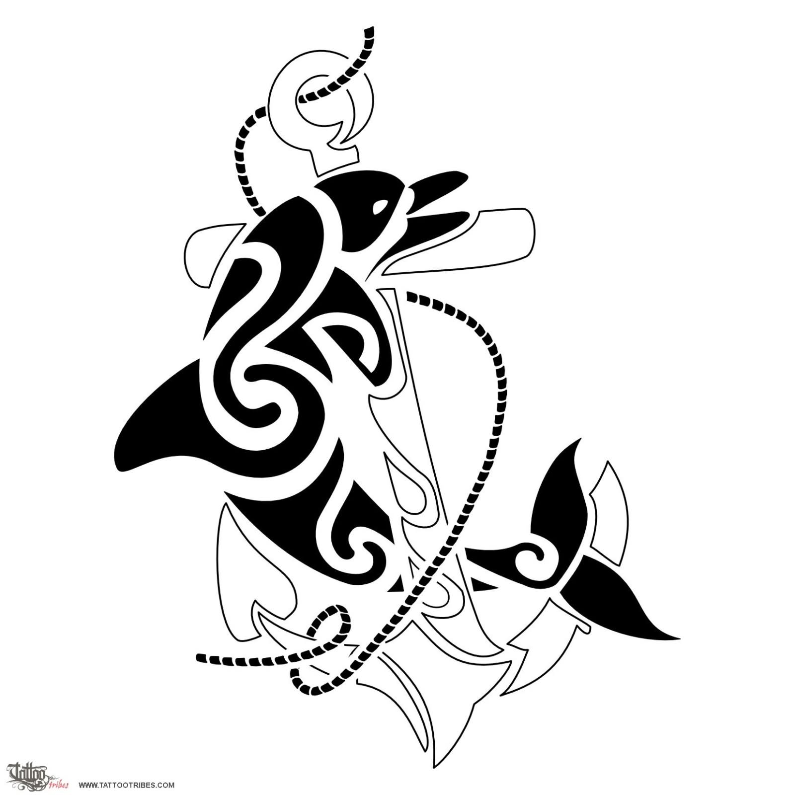 Tribal Anchor And Dolphin Tattoo Design