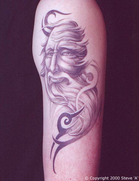 Tribal And Grey Wizard Tattoo On Half Sleeve
