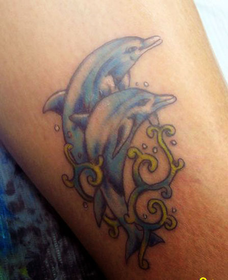 Tribal Blue Dolphin Tattoo On Leg