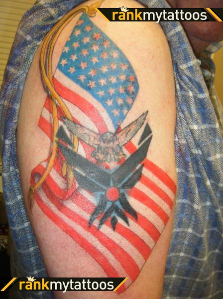 USA Flag With Air Force Military Logo Tattoo On Half Sleeve